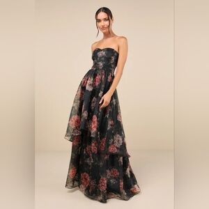 Lulu's Black and Pink Floral Strapless Dress
